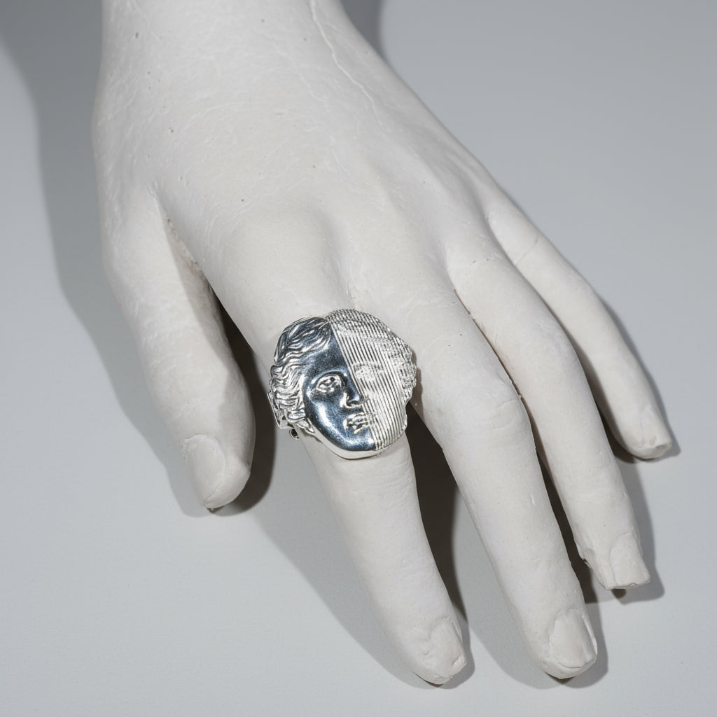 Handmade sterling silver ring, unique art jewelry inspired by goddesses, statement fashion accessory for women.